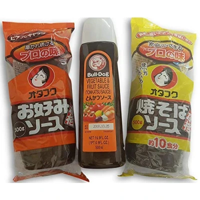 Abbildung von Okonomi Sauce, Yakisoba Soße, Tonkatsu Sauce Zutaten für Okonomiyaki, Grundzutaten Yakisoba, Hiyayakko, Takoyaki