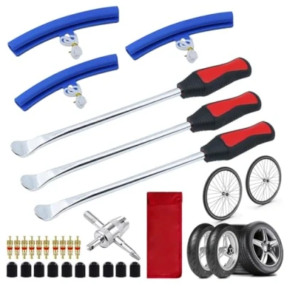 Abbildung von Cartlant 33x Reifenheber Set, Reifen Montiereisen Montierhebel Werkzeug mit 3X Reifenmontierhebel, Rad Felge Protektoren, Tire Spoons Lever Reifenwechselset für Motorrad Fahrrad MTB