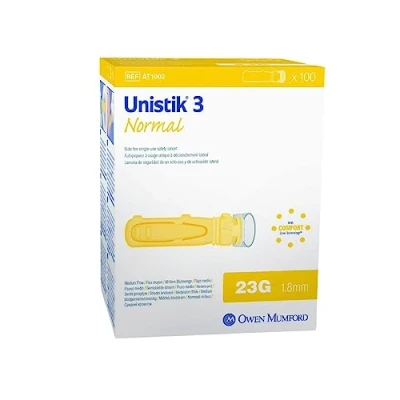 Abbildung von Unistik 3 Normal Blood Lancelets Größe 23G Kompatibel mit Stechgeräten einschließlich Beurer/Medisana/Accu Check/SD Packung 100 Stück