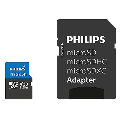 Abbildung von Philips Ultra Pro microSDXC Card 128 GB + SD Adapter UHS I U3, Lesegeschwindigkeit bis zu 100 MB/s, A1 Fast App Performance, V30, Speicherkarte für Smartphones, Tablet, PC, Reader, 4K UHD Video
