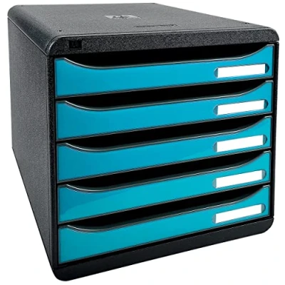 Abbildung von Exacompta 3097282D Premium Ablagebox mit 5 Schubladen für DIN A4+ Dokumente. Stapelbare Schubladenbox hoher Kapazität mehr Platz auf dem Schreibtisch Big Box Iderama SchwarzTürkis