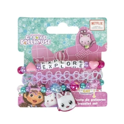 Abbildung von Gabby&#039;s Dollhouse Zubehörset, 2 Armbänder, mehrfarbig, verschiedene Kompositionen, Pin mit dem Gesicht von Panty Patitas Originalprodukt, entworfen in Spanien
