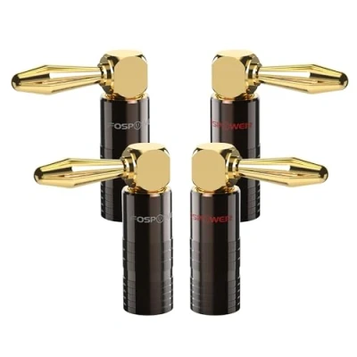 Abbildung von FosPower Bananenstecker 2 Paare / 4 Stück Lautsprecherstecker 24K Vergoldet im rechten Winkel für Lautsprecherkabel Wandplatten, Heimkino, Verstärker und Audiosysteme