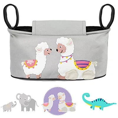 Abbildung von GLÜCKSWOLKE Kinderwagen Organizer 12 Motive, Kinderwagentasche verschließbar, Kinder Buggy Tasche mit Feuchttücherspender, Baby Zubehör Pram Organiser Aufbewahrungstasche (Anni Alpaka, grau)