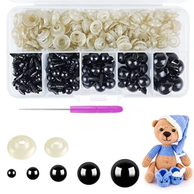 Abbildung von Hengxinc 220 Stück Sicherheitsaugen für Häkeltiere Schwarz Amigurumi Augen 5 12mm zum Basteln Kunststoff Knopfaugen mit Unterlegscheiben Puppe Marionette Plüschtier
