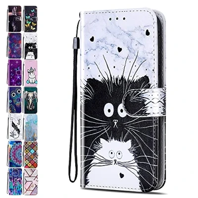 Abbildung von Lederhülle für Samsung Galaxy S6 Hülle Muster Handyhülle Flip Case Cover Schutzhülle mit Kartenfach Handytasche Mädchen Damen Katze Marmor