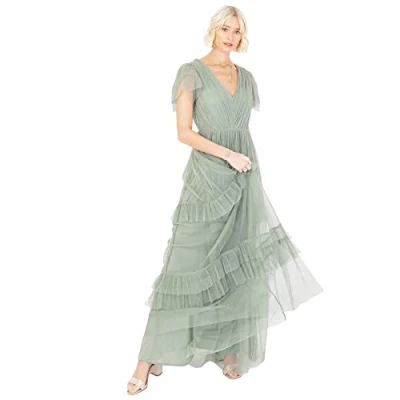 Abbildung von Anaya with Love Damen Short Sleeve Evening Ball Gown Tiered V Neck Bow Tie Bridesmaid Wedding Guest Prom Long Kleid, Frosted Green, 48 EU (UK 20)