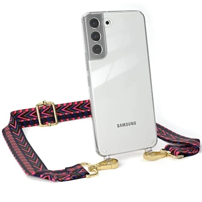 Abbildung von EAZY CASE Handykette Verstellbarer Trageriemen kompatibel mit Samsung Galaxy S22 Plus, Schulterriemen, Handykordel Case, DIY Gürteltasche Hülle, Pink/Blau Metallstücke Gold