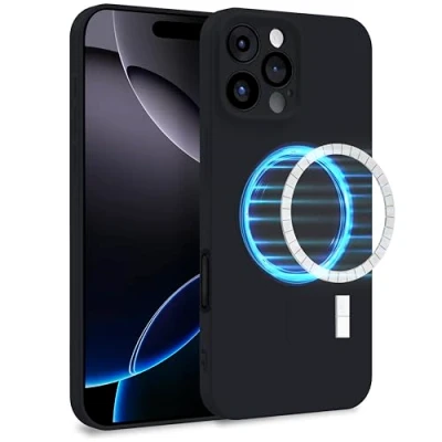 Abbildung von MyGadget Hülle für Apple iPhone 16 Pro Max [ kompatibel mit MagSafe ] Zweilagige Handyhülle Kameraschutz Cover Innenfutter &amp; Silikon außen Schwarz