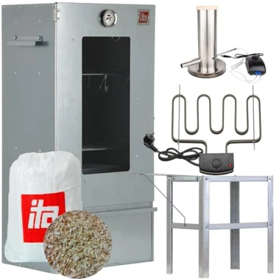 Abbildung von ITA Elektrischer Räucherofen 7000 Smoker Set mit Heizung, Tisch, Rauchgenerator Räucherschrank Fenster &amp; Thermometer Legierter Stahl EU Qualität, Direkt vom Hersteller