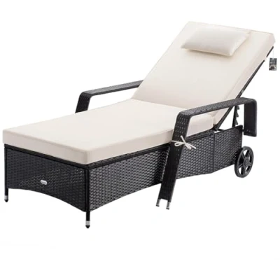 Abbildung von Casaria® Sonnenliege Polyrattan inkl. 7cm Auflage Kopfkissen 2 Rollen 160kg Belastbar Verstellbare Lehne Garten Terrasse Liege 193x90cm Schwarz Creme
