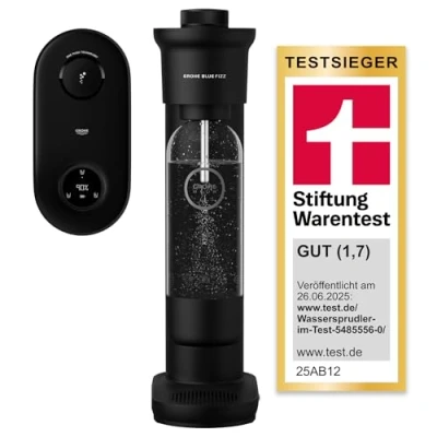 Abbildung von GROHE Blue FIZZ Advanced, Wassersprudler mit CO2 Display (Display zeigt Füllstand, 3 einstellbare Stufen, ohne Flasche, 1x 0,85l Wasserflasche + Reinigungspulver), schwarz
