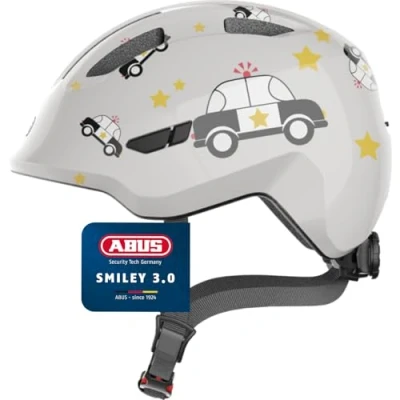 Abbildung von ABUS Kinderhelm Smiley 3.0 Fahrradhelm mit tiefer Passform, kindergerechten Designs &amp; Platz für einen Zopf Mädchen und Jungs Grau Auto Muster, Größe S