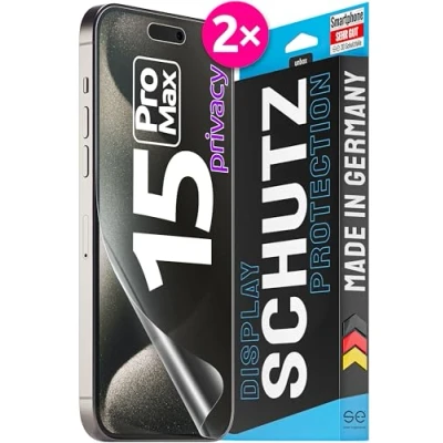 Abbildung von 2x se® 3D SCHUTZFOLIE Privacy für Apple iPhone 15 Pro Max ,Blickschutz entspiegelt, 100% Fingerabdruck &amp; FaceID kompatibel, anti Fingerabdrücke, Stoß Kratzfest, hüllenfreundlich aus Deutschland