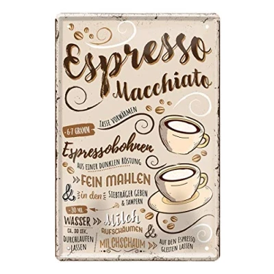Abbildung von helges shop Espresso Macchiato Blechschild Retro Deko Kaffee Schild Metallschild zur Dekoration von Küche Kaffeeladen American Cafe Diner Bistro Anleitung Rezept Zubereitung 20x30cm