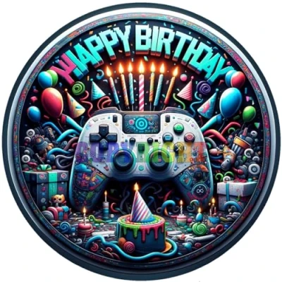 Abbildung von Fondant Tortenaufleger Tortenbild Geburtstag Happy Birthday Zocker, Gamer K 109