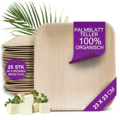 Abbildung von Waipur Bio Palmblatt Geschirr 25 Stück eckig 23x23 cm Premium Einwegteller kompostierbar Umweltfreundliches Partygeschirr ähnl. Einweg Bambus Teller