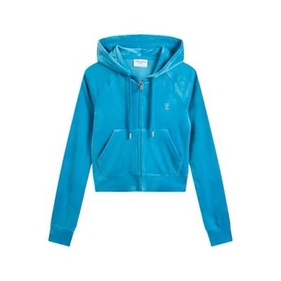 Abbildung von Juicy Couture Damen Madison Hoodie Kapuzensweatjacke, Sweatjacke mit Kapuze und Reißverschluss aus Velour Kapuzenpullover, Turkish Tile, M