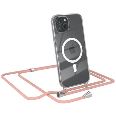 Abbildung von EAZY CASE Handykette kompatibel mit iPhone 15 Kette zum Umhängen Stoßfest Handyhülle für Silikon Hülle Band Handytasche Transparent als Fallschutz in Alt Rosa Clips Silber