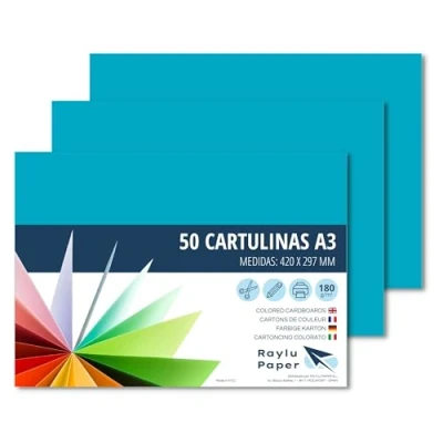 Abbildung von RAYLU PAPER Tonpapier A3, 50 Stück Kartonpapier 180g/m², 297 x 420 mm, professionelle farbige Kartons für Büro, Kopierpapier, Buntes Papier zum Basteln (Türkis)