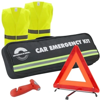 Abbildung von Auto Notfall Kit mit Warndreieck Warnweste und Notfallhammer, Sicherheitsdreieck Sicherheitsweste fensterbrecher Sicherheits gurtschneider fürs Auto, Bus, PKW, LKW 4 im 1 Set Tragetasche
