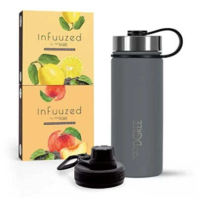 Abbildung von 720DGREE Eistee to go &quot;InFuuzed&quot; 2x 25 Beutel für mind. 25l + Thermo Trinkflasche 530ml &quot;noLimit&quot; Das Erfrischungsgetränk Ohne Zucker &amp; Kalorien Lecker leichte Alternative zu Eis Tee, Softdrinks