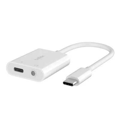Abbildung von Belkin RockStar 3,5mm Klinken Audio und USB C Ladeadapter Adapter Typ zu 3,5 mm Klinke, 4,68 cm, kompatibel mit PD Quick Charge 2.0
