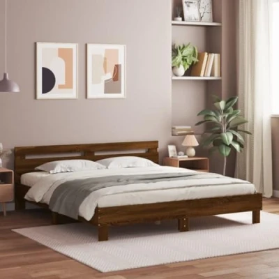 Abbildung von vidaXL Bettgestell, Bettrahmen mit Lattenrost, Bett Gästebett Kopfteil LED Beleuchtung, Doppelbett Schlafzimmerbett Schlafzimmermöbel, Braun Eiche Optik 180x200cm