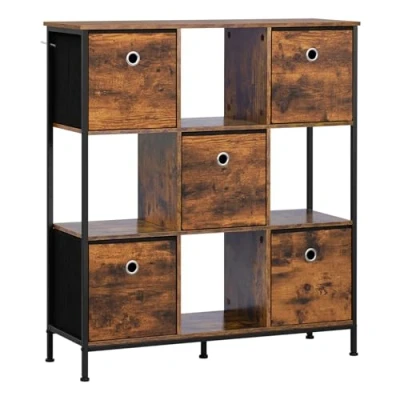 Abbildung von WOLTU Standregal,Bücherregal, Regal mit 4 offenen Fächern, 5 Vliesstoff Schubladen, Standregal Metallrahmen, für Wohnzimmer Büro Arbeitszimmer Flur Küche, Vintage Brown,90x30x100cm