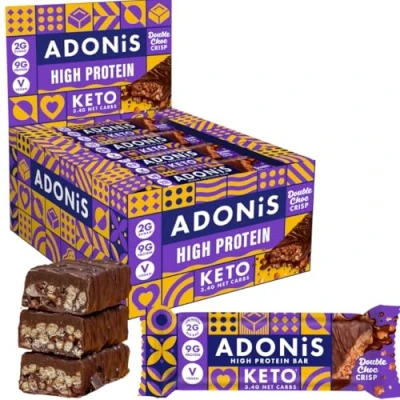 Abbildung von Adonis Keto High Protein Riegel Doppelt Schokolade 16x 45g Snacks Vegan &amp; 100% natürlich zuckerfrei, palmölfrei, milchfrei Zuckerarm, kalorienarm