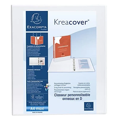 Abbildung von Exacompta 51840E Ringbuch Kreacover aus festem PP, 4 Ringe, Rücken 38mm, 3 Außen und 2 Innentaschen, DIN A4, 1 Stück, Weiß