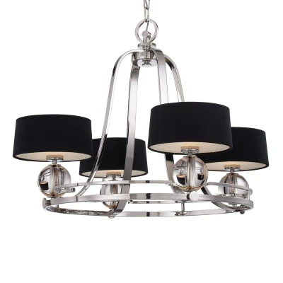 Abbildung von Quoizel QZ GOTHAM4 Kronleuchter Uptown Gotham 4xG9 Metall Silber, Glas, Leinen schwarz H:57,2cm Ø:77,5cm höhenverstellbar