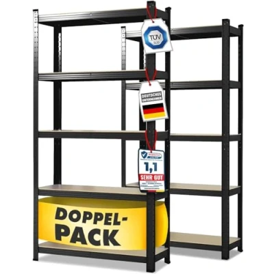 Abbildung von KARAT Schwerlastregal, 2er Set, 50 x 100 200 cm Steckregal, Kellerregal, Lagerregal TÜV/GS geprüft 5 verstellbare Böden (Schwarz)