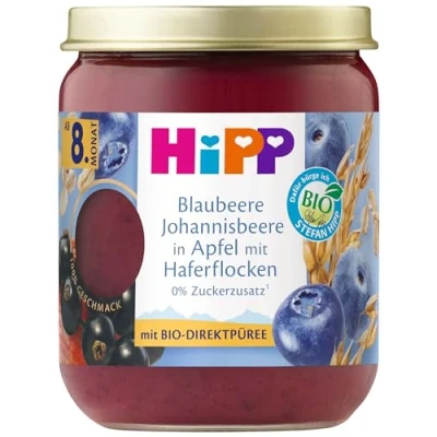 Abbildung von HiPP Bio Frucht und Getreide Blaubeere Johannisbeere in Apfel mit Haferflocken, 160g, 6er Pack (6x160g)