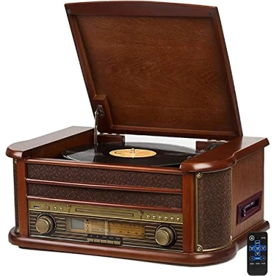 Abbildung von Nostalgie Holz Musikanlage Kompaktanlage Bluetooth Kassettendeck Retro Stereoanlage CD MP3 Player USB Fernbedienung Plattenspieler Radio Encoding: Aufnahmefunktion AUX IN