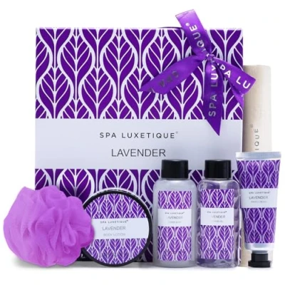 Abbildung von Bade Geschenket für Frauen, SPA LUXETIQUE Pflegeset Lavendelduft 6 tlg. Set in Reisegröße Duschgel, Bodylotion, Schaumbad, Handcreme, Leinentasche mit Kordelzug, Bad Reise Weihnachtsgeschenke