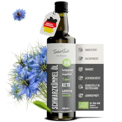 Abbildung von Schwarzkümmelöl bio kaltgepresst, 500 ml, naturrein, 4200 mg/kg Thymochinon Gehalt, Nigella Sativa, Ägyptisches Schwarzkümmelöl, Black Seed Oil