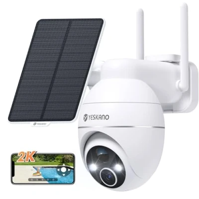 Abbildung von YESKANO Überwachungskamera Aussen Solar, 2K Kamera Outdoor mit 360 Überwachung, WLAN Akku, Farbe Nachtsicht, PIR Bewegungsmelder, IP66 Wetterfest, Cloud/SD Speicher, 2 Wege Audio, 2,4 GHz