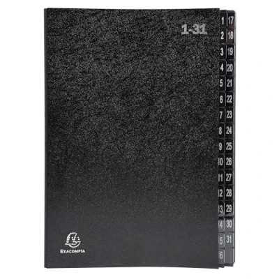 Abbildung von Exacompta Ref. 57032E Karton mit 6 Ordnern, fester Einband, innen aus recycelter Karte, digitale laminierte Registerkarten 1 bis 31 32 Fächern, Maße: 25 x 33 cm, für A4, Schwarz