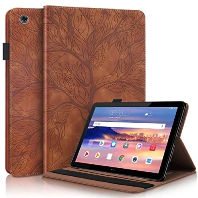 Abbildung von CaseFun Hülle für Huawei Mediapad T5 10 Baum des Lebens Ultra Slim TPU Schutzhülle Tasche Folio Flip Stand Cover mit Kartenfächern, Braun