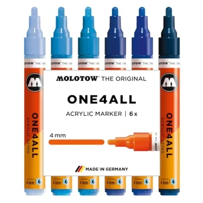 Abbildung von Molotow One4All 227HS Acryl Marker Blue Set (4,0 mm Strichstärke, hochdeckend und permanent, schnell trocknend, nachfüllbar, für fast alle Untergründe) 6 Stück sortiert