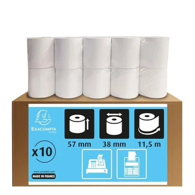 Abbildung von Exacompta 5740120V 10er Pack Kassenrollen, 1 lagig Offset(holzfrei) standard, Breite: 57mm, Länge 11,5m Kern 12mm, 60g/m² extra weiß für Kassen, Tischrechner und Rechenmaschinen