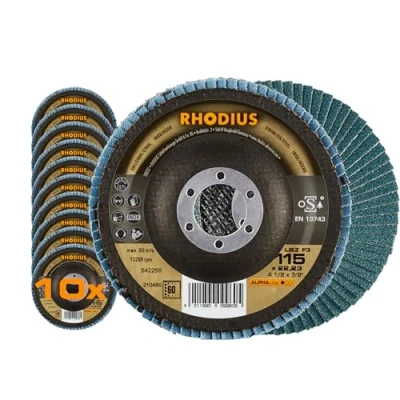 Abbildung von RHODIUS LSZ F3, 10 Stück Ø 115 mm K60 Fächerscheiben, Made in Germany, Metall Schleifscheibe für Winkelschleifer, Lamellenscheibe, Fächerschleifscheiben