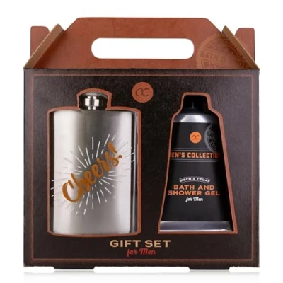 Abbildung von Accentra Geschenkset MEN&#039;S COLLECTION für Männer, Flachmann aus Edelstahl und 60ml Badegel Duschgel in einer Geschenkbox Kraftpapier, Braun Schwarz