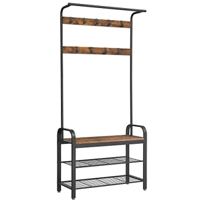Abbildung von VASAGLE Kleiderständer, Garderobe, Eingangsmöbel, mit abnehmbaren Haken, Bank und Schuhregal, Höhe 183 cm, Metallrahmen, industrieller Stil, rustikales Braun Schwarz HSR400B01