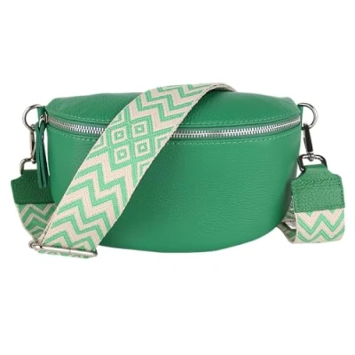 Abbildung von MIRROSI® Bauchtasche Damen, Echtleder, Made in Italy, Umhängetasche, Brusttasche, Crossbody Bag (1 Tasche &amp; 2 Gurte) (Grün (Bohemian Grün), Mittelgroße (25x16x7cm))