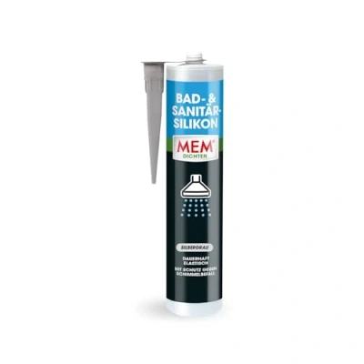 Abbildung von MEM Bad &amp; Sanitär Silikon, Dauerhaft elastischer Silikon Dichtstoff mit Schutz gegen Schimmelbefall, Im Innen und Außenbereich, Gebrauchsfertig, Lösemittelfrei, 300 ml Kartusche, Silbergrau