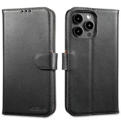 Abbildung von LENSUN Echtleder Hülle für iPhone 15 Pro Max, Handyhülle [Echtes Leder][Magnetverschluss][RFID] Handytasche Flip Lederhülle Max 5G Schwarz