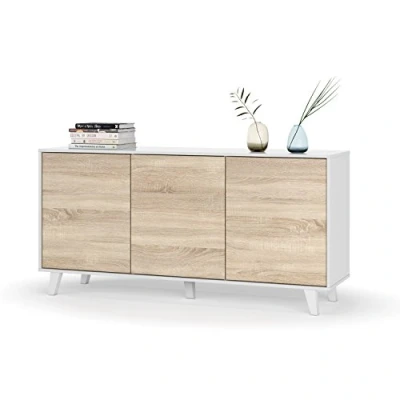Abbildung von Sideboard mit drei Türen und Regalen, Eichenfarbe Hochglanzweiß, Maße 154 x 41 75 cm