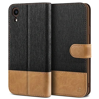 Abbildung von BEZ Handyhülle für iPhone XR Hülle, Tasche Kompatibel XR, Handytasche Schutzhülle [Stoff und PU Leder] mit Kreditkartenhalter, Ständer, Magnetverschluss, Schwarz